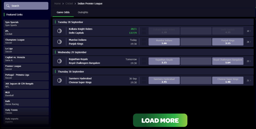 spin casino cricket