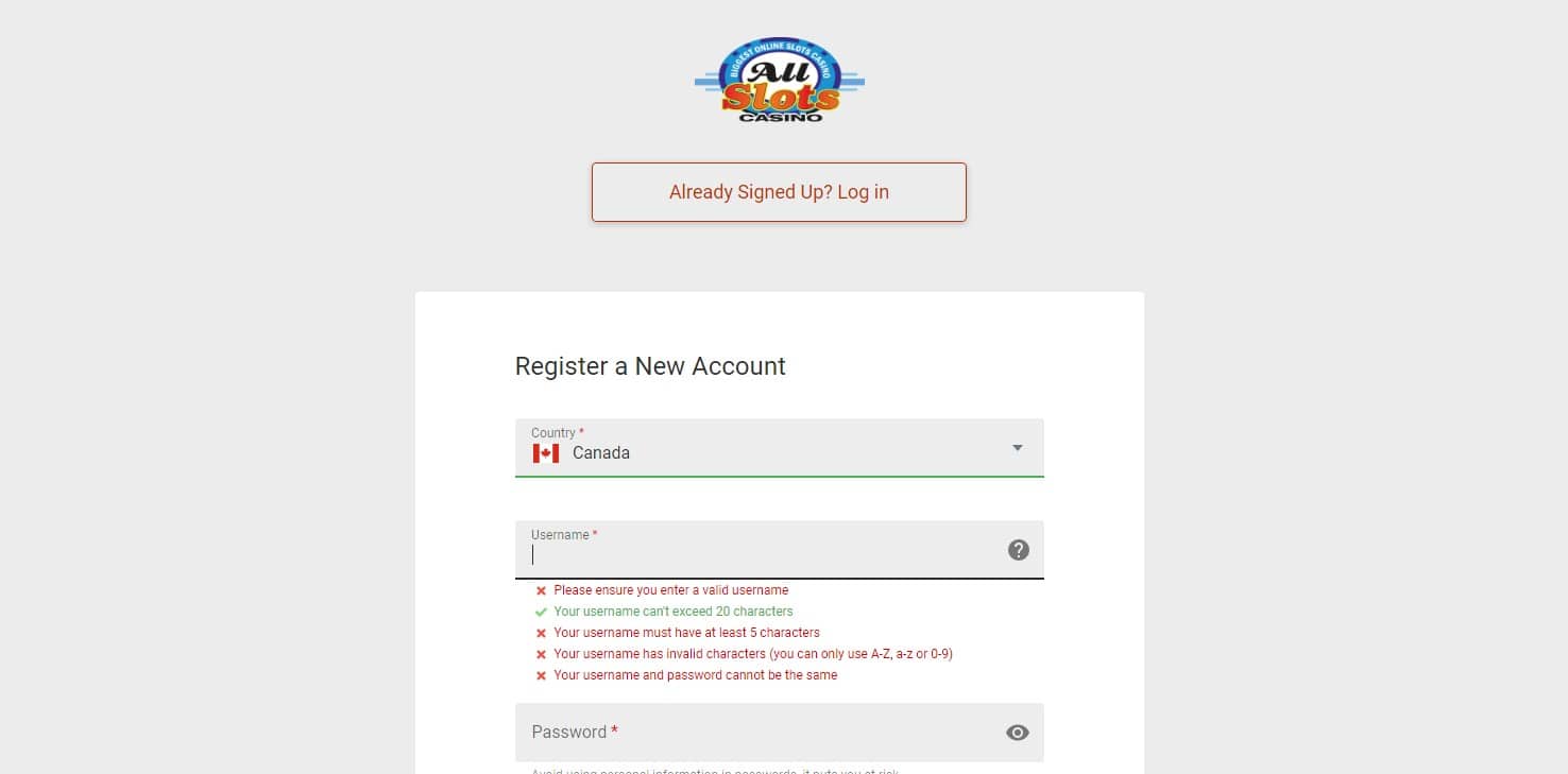 Register for a new All Slots Casino account