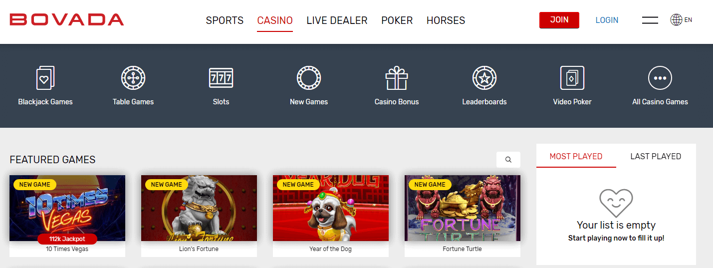 Bovada Casino Interface