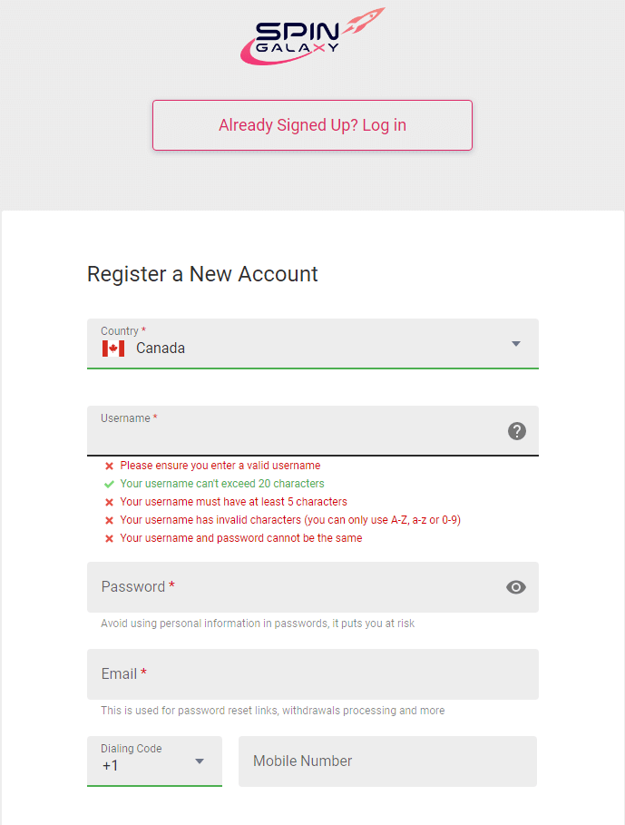 Spin Galaxy Sign Up